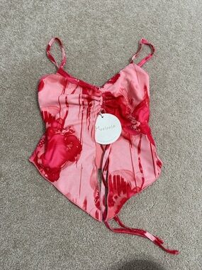 NEW Pink Floral Satin Cami with Red Accents